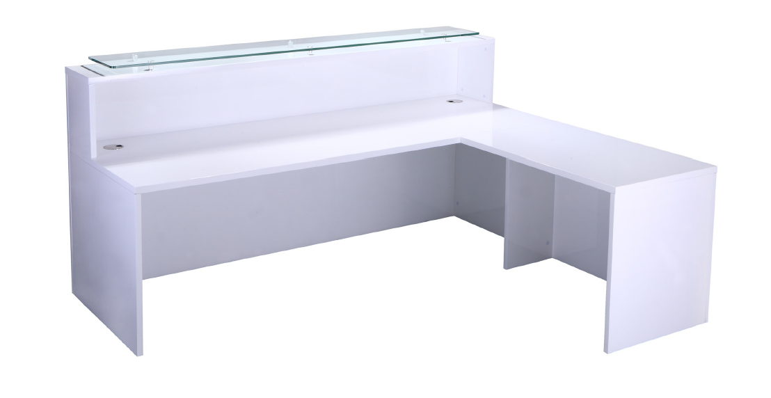 High Reception Counter with Tempered Glass Shelf - Gloss White